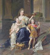 Francois de Troy Painting of the Duchess of La Ferte-Senneterre with the future Louis XV on her lap (then styled the Duke of Anjou) and the Duke of Brittany standing n oil
